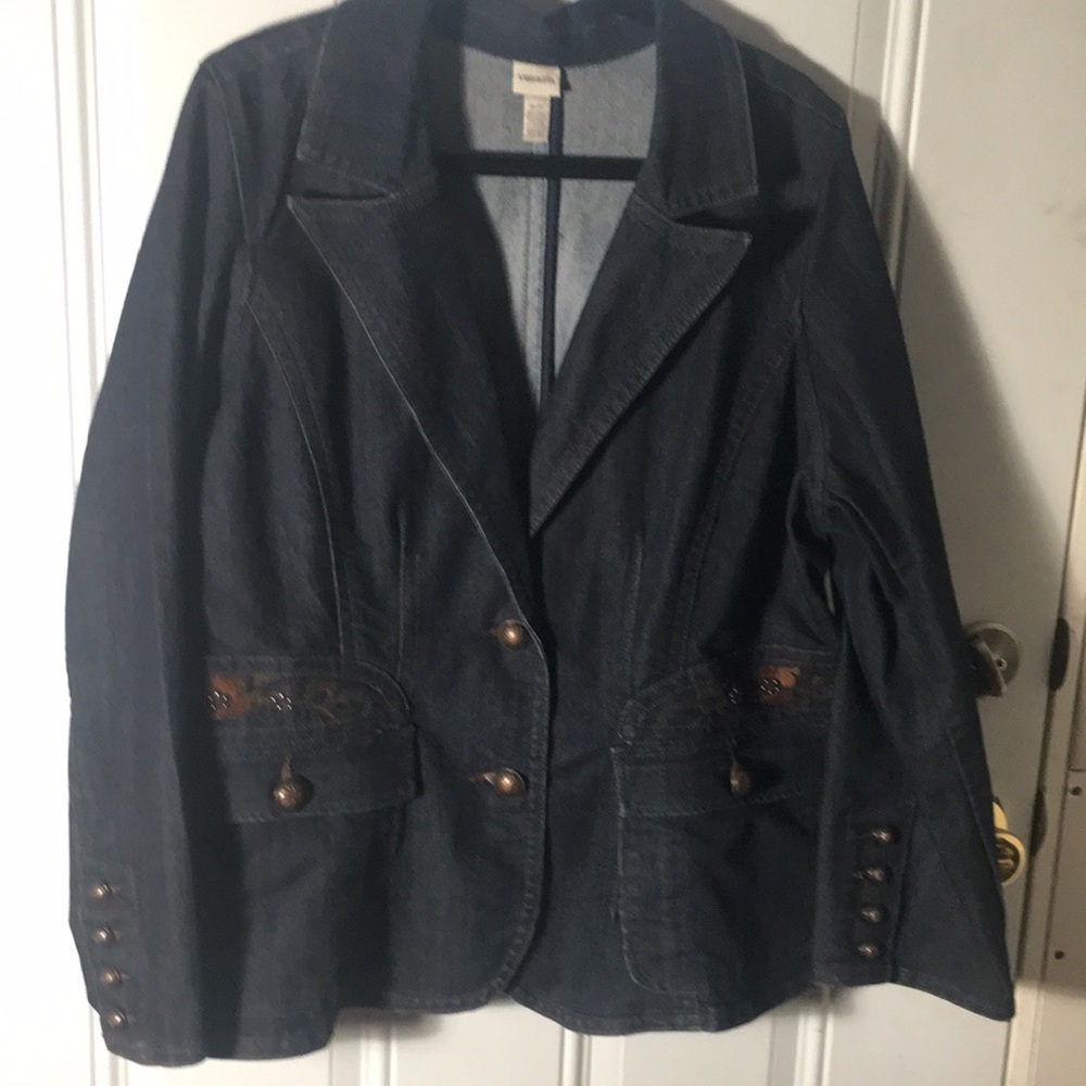 Venezia button blue jean denim blazer jacket embroidered pockets size 18/20
